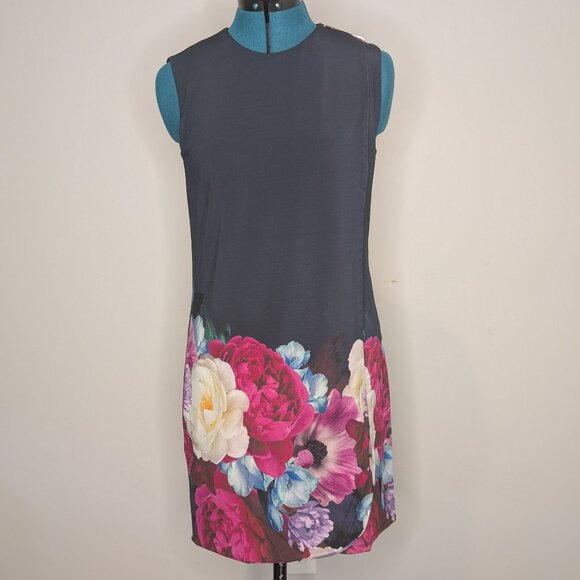 Ted Baker Navy and Floral Sleeveless Drape Front Dress, Size 2 - Picture 1 of 4